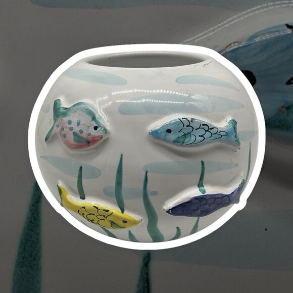 Italian Round Pottery Fish Bowl Vase 3D Fish Hand Crafted Hand Vintage Collectib - Picture 3 of 15